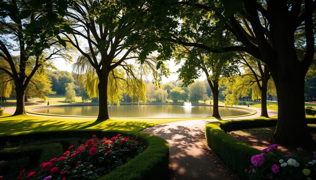 A serene park landscape in Lviv, Ukraine, captured with a wide-angle lens. In the foreground, a lush, well-manicured garden with vibrant flowers and neatly trimmed hedges. The middle ground features a meandering path flanked by mature trees, their branches casting dappled shadows on the ground. In the background, a picturesque pond or lake reflects the surrounding foliage, creating a tranquil and peaceful atmosphere. The scene is illuminated by warm, golden sunlight filtering through the leaves, evoking a sense of calm and natural beauty. 7fishing.com.ua A serene park landscape in Lviv, Ukraine, captured with a wide-angle lens. In the foreground, a lush, well-manicured garden with vibrant flowers and neatly trimmed hedges. The middle ground features a meandering path flanked by mature trees, their branches casting dappled shadows on the ground. In the background, a picturesque pond or lake reflects the surrounding foliage, creating a tranquil and peaceful atmosphere. The scene is illuminated by warm, golden sunlight filtering through the leaves, evoking a sense of calm and natural beauty. 7fishing.com.ua
