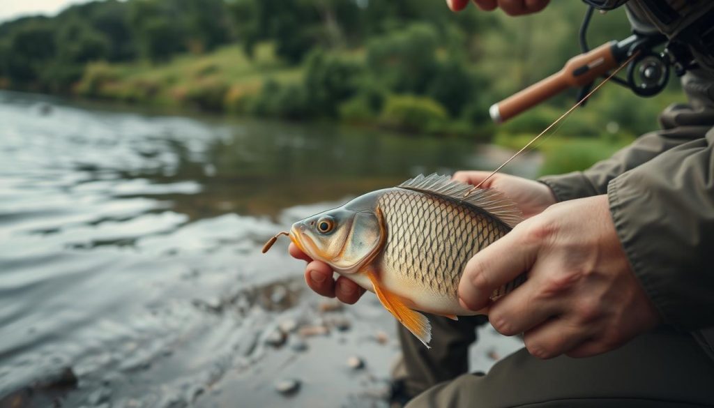 A serene river bank, the gentle current lapping at the shore. In the foreground, a skilled angler kneels, carefully baiting a hook with juicy worms. Their gaze is focused, hands steady as they prepare the line. The middle ground reveals the target of their efforts - a majestic tench, its mottled scales glistening in the soft, diffused lighting. In the background, a lush, verdant landscape frames the scene, creating a tranquil, naturalistic atmosphere. The angle is low, capturing the angler's perspective, immersing the viewer in the peaceful rhythm of the moment. Technical details are refined, with a slight depth of field blur to emphasize the subject. The overall mood is one of patience, skill, and a deep connection with the natural world.