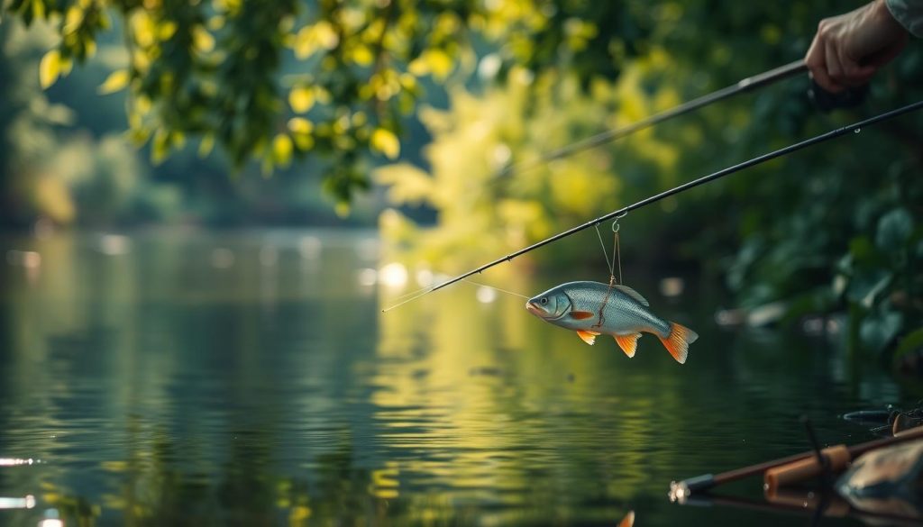 A serene river bank with lush vegetation, a float gently bobbing on the surface as a skilled angler delicately manipulates the fishing line, using a traditional float rig setup to target a shoal of plump, silvery roach. Soft, diffused natural lighting filters through the overhanging foliage, casting a warm, tranquil ambiance. The scene is composed with an emphasis on the fishing tackle and the angler's deft handling, conveying the art and patience required for successful float fishing.
