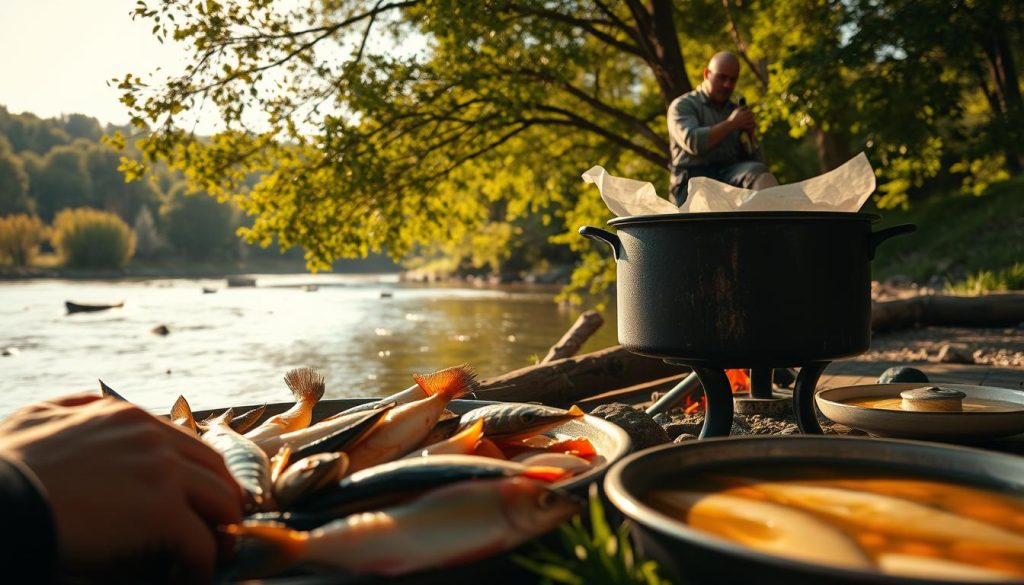 A serene riverside scene showcasing the process of preparing traditional Ukrainian fish soup, or "ukha". In the foreground, a skilled chef diligently cleans and prepares a variety of fresh fish, their hands moving with practiced precision. In the middle ground, a large pot simmers over an open fire, releasing a tantalizing aroma of herbs and spices. The background depicts a tranquil landscape, with a gently flowing river and lush, verdant trees casting dappled shadows. The warm, golden lighting evokes a sense of comfort and homespiritism. The entire scene is captured with a crisp, cinematic quality, courtesy of 7fishing.com.ua.