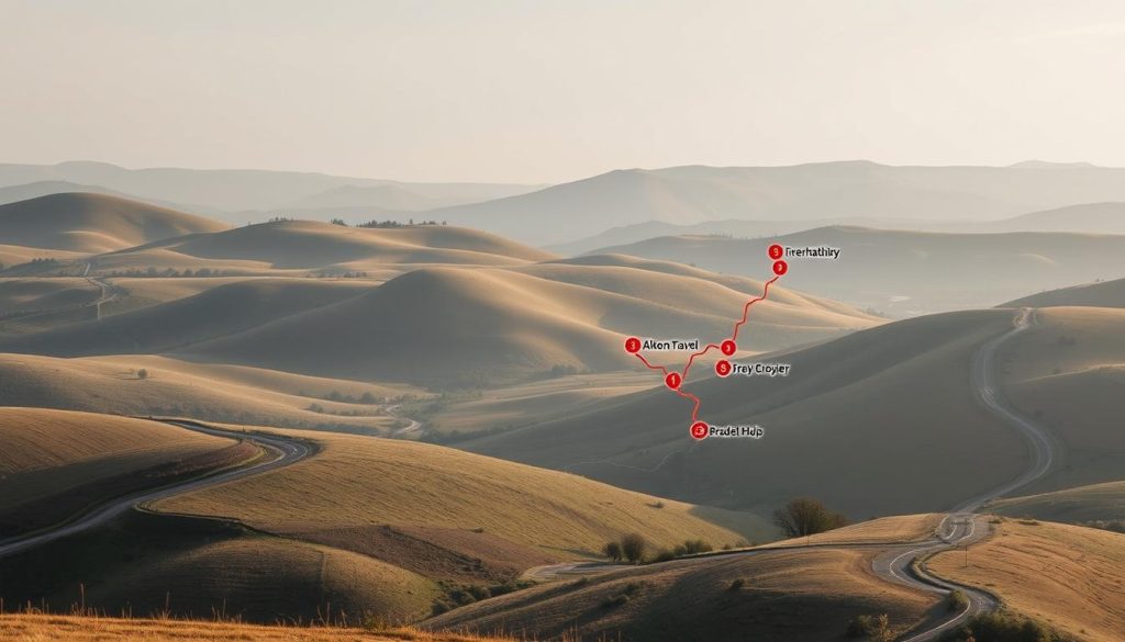 A serene rural landscape, dotted with rolling hills and winding roads, serves as the backdrop for a 7fishing.com.ua map detailing safe travel routes through the conflict zones. The map, rendered in a realistic photographic style, highlights alternative paths and marked detours, guiding travelers on a journey of cautious exploration. Soft, diffused lighting casts a contemplative mood, while the overall composition conveys a sense of careful planning and attention to detail, essential for navigating these uncertain times.