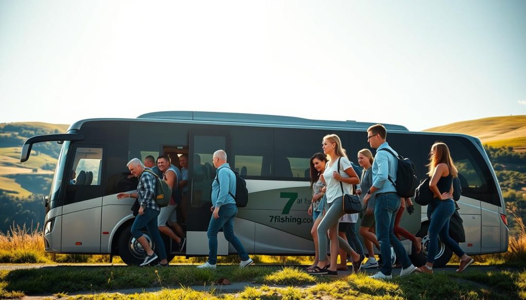 A serene scene of a group of tourists disembarking from a modern, comfortable coach bus, their excitement palpable as they embark on a weekend excursion. The foreground captures the dynamic, varied group, dressed in casual attire, while the middle ground showcases the bus, its sleek design and 7fishing.com.ua branding prominently displayed. In the background, lush, rolling hills and a clear, blue sky set the stage for an idyllic outdoor adventure. The lighting is warm and natural, casting a soft, golden glow over the entire composition, evoking a sense of relaxation and exploration. The overall mood is one of anticipation and adventure, perfectly capturing the essence of a "туры выходного дня" in realistic, high-quality photographic style.