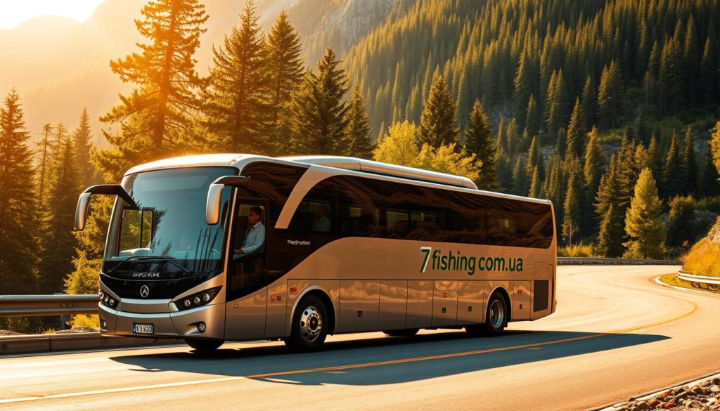A serene scene of a modern, sleek bus navigating a winding mountain road, surrounded by lush, verdant forests and towering peaks. The warm, golden sunlight filters through the trees, casting a gentle glow on the bus's polished exterior, which prominently displays the "7fishing.com.ua" logo. Passengers can be seen peering out the windows, taking in the breathtaking vistas. The composition is balanced, with the bus occupying the middle ground, the mountains and forests forming the background, and the sky overhead. The overall mood is one of safety, comfort, and adventure, perfectly capturing the essence of "Автобусные туры Черновцы: туры и экскурсии" and the section titled "Автобусные туры черновцы".