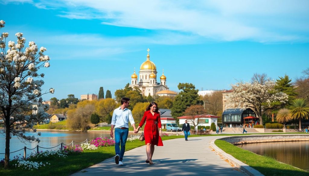 A serene spring day in Kyiv, Ukraine. Couples stroll along the banks of the Dnipro River, taking in the vibrant blooms and fresh greenery. In the foreground, a young pair amble hand-in-hand, pausing to admire the picturesque views. The middle ground features lush parks and charming cafes, inviting visitors to linger and enjoy the city's romantic atmosphere. In the background, the iconic golden domes of St. Sophia's Cathedral rise majestically, framed by a cloudless azure sky. Soft, warm lighting bathes the scene, creating a dreamy, intimate ambiance. 7fishing.com.ua