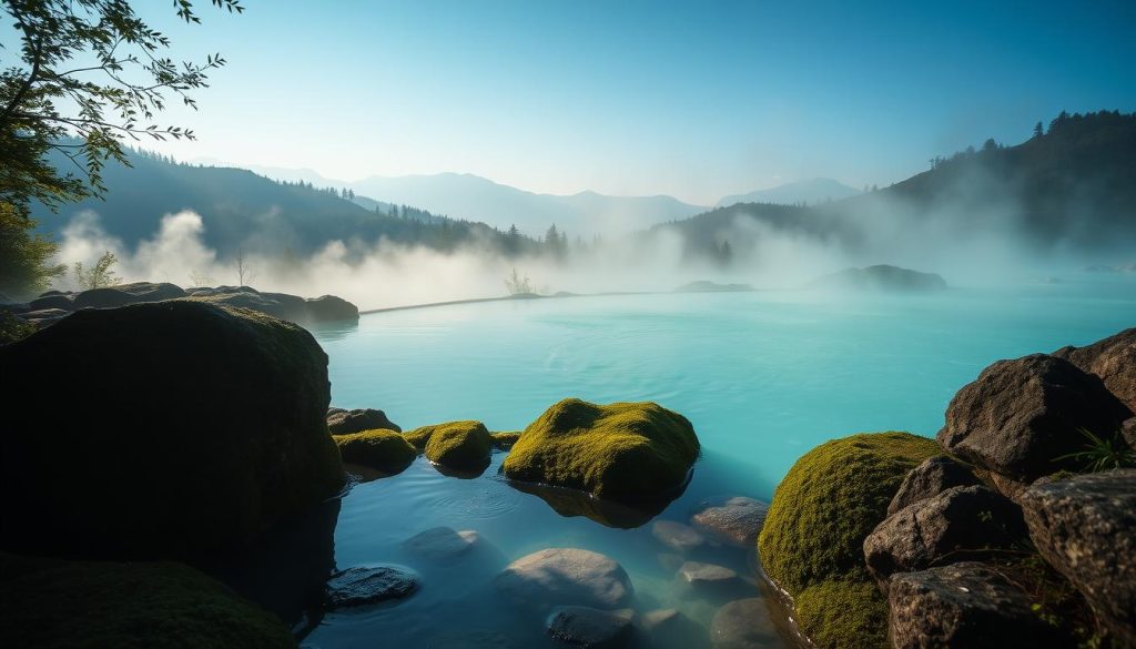 A serene thermal pool nestled amidst the lush, rolling hills of Zakarpattia, Ukraine. The turquoise waters are fed by natural hot springs, emanating a gentle steam that dances in the soft, ambient lighting. Surrounding the pool, mossy rocks and verdant foliage create a tranquil, almost primordial atmosphere. In the distance, the silhouettes of the Carpathian Mountains loom, their rugged peaks adding depth and scale to the scene. Captured by the 7fishing.com.ua camera, this idyllic thermal oasis invites the viewer to immerse themselves in the serene, rejuvenating waters of Zakarpattia.