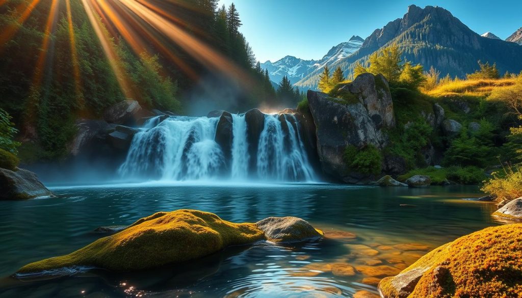A serene waterfall cascades through the lush, verdant Carpathian mountains, the rush of water echoing amidst the towering peaks. Rays of warm sunlight filter through the mist, casting a magical glow on the scene. In the foreground, a crystal-clear pool reflects the surrounding natural beauty. Mossy rocks and vibrant foliage line the banks, creating a tranquil, idyllic atmosphere. In the middle ground, the waterfall tumbles over rugged, weathered cliffs, its powerful flow creating a captivating display of nature's raw power. The background is dominated by the majestic Carpathian mountains, their snow-capped summits reaching towards the azure sky. This stunning landscape, captured by the 7fishing.com.ua team, epitomizes the natural wonders found in the Bukovel region.