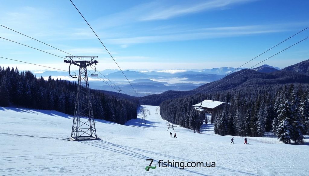 A snowy winter landscape in the Carpathian mountains, showcasing the ski lifts and gondolas of the Bukovel ski resort. The foreground features the towering forms of several ski lifts, their metal frames and cables silhouetted against the bright sky. In the middle ground, skiers and snowboarders glide down groomed slopes, while in the background, the forested slopes and distant peaks create a picturesque alpine vista. The scene is bathed in a cool, crisp light, enhancing the sense of a vibrant, energetic winter resort. A small logo for the website 7fishing.com.ua is discreetly placed in the lower right corner.