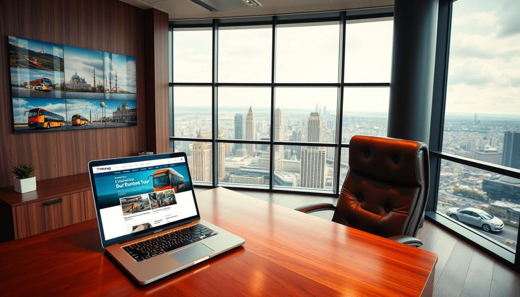 A spacious office interior with a large wooden desk, a comfortable leather chair, and a wall-mounted display showcasing various travel packages. On the desk, a laptop displays the 7fishing.com.ua website, highlighting the selection of European bus tour options. Warm lighting casts a welcoming glow, while floor-to-ceiling windows offer a panoramic view of a bustling city skyline. The atmosphere conveys a sense of professionalism and expertise, guiding the viewer towards making an informed choice when selecting a reliable tour operator.