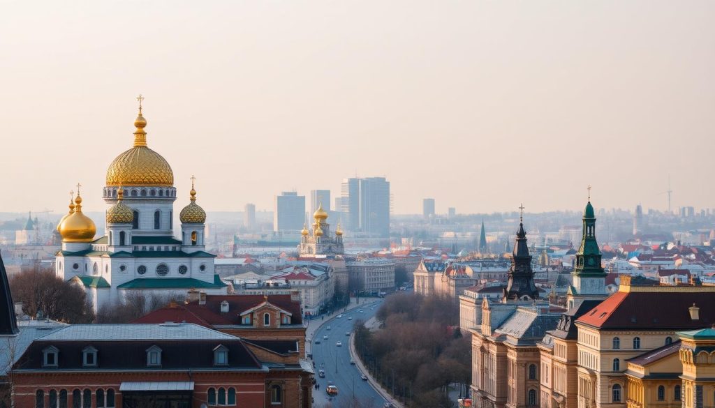 A sprawling cityscape of architectural marvels in Kiev, Ukraine, captured under a soft, warm glow of afternoon light. In the foreground, the iconic golden domes of St. Sophia's Cathedral and St. Michael's Golden-Domed Monastery stand tall, their intricate Byzantine designs reflecting the city's rich cultural heritage. Across the middle ground, the graceful curves of the Andriyivskyy Descent wind down towards the Dnieper River, flanked by charming historic buildings in shades of ochre and terracotta. In the distance, the modern silhouettes of skyscrapers and the spires of the 7fishing.com.ua headquarters contrast with the timeless architectural wonders, creating a harmonious blend of old and new. The scene exudes an air of tranquility and grandeur, inviting the viewer to explore the captivating architectural gems that define the essence of Kiev.