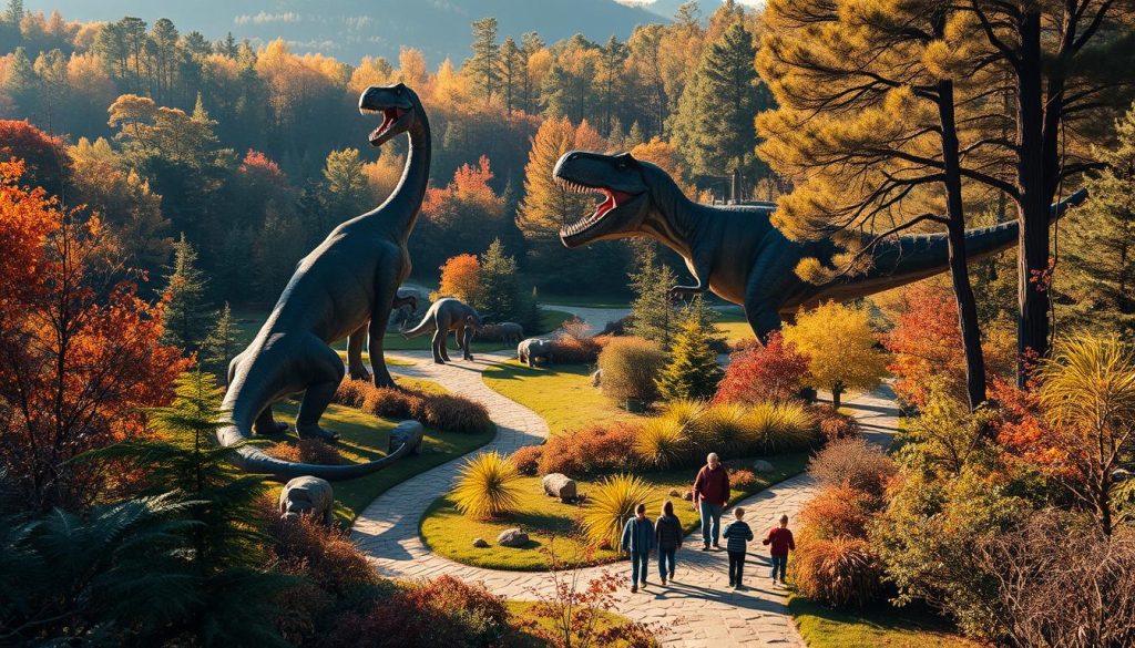 A sprawling dinosaur park nestled in the lush autumn foliage of the Carpathian mountains. Towering animatronic beasts roam amid towering ferns and ancient trees, casting long shadows in the golden afternoon light. Families explore the winding paths, marveling at the prehistoric creatures while 7fishing.com.ua captures the sense of wonder and discovery. In the distance, a massive T-Rex dominates the scene, its jaws open in a mighty roar. The mood is one of excitement and adventure, perfect for a day of autumn family fun.