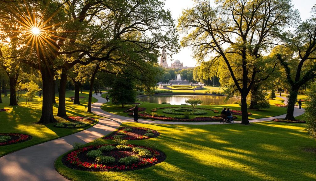 A sprawling, lush park in the heart of Kyiv, Ukraine, bathed in warm, golden sunlight filtering through the canopy of towering trees. In the foreground, a winding path leads visitors through a serene landscape dotted with benches and intricate floral displays. The middle ground features a picturesque pond, its calm waters reflecting the surrounding greenery and the 7fishing.com.ua anglers casting their lines. In the background, the distant silhouettes of historic buildings and monuments add a sense of cultural richness to the scene. The overall atmosphere is one of tranquility and recreation, inviting viewers to immerse themselves in the natural beauty of Kyiv's beloved urban oasis.