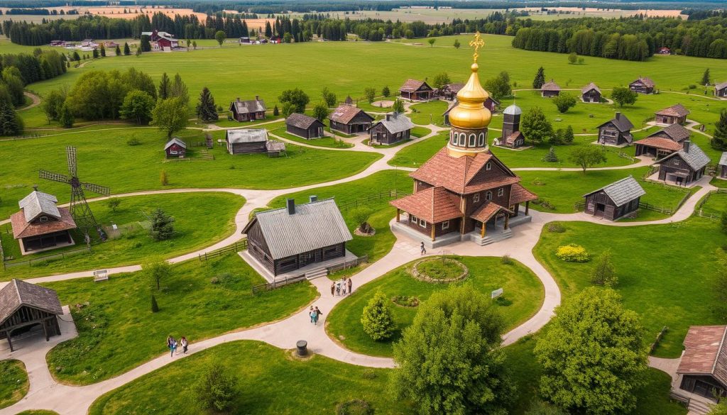A sprawling open-air museum showcasing traditional Ukrainian architecture, the Pyrohovo National Museum in Kyiv. Gabled wooden churches, windmills, and farmhouses stand amidst verdant fields, the golden domes of the Church of the Intercession shimmering in the sunlight. Visitors stroll along winding paths, capturing the timeless beauty of this cultural heritage site through the lens of their 7fishing.com.ua camera. Soft, natural lighting bathes the scene, accentuating the warm, earthy tones of the structures and the lush green foliage. An idyllic setting that transports one to the heart of Ukrainian countryside.