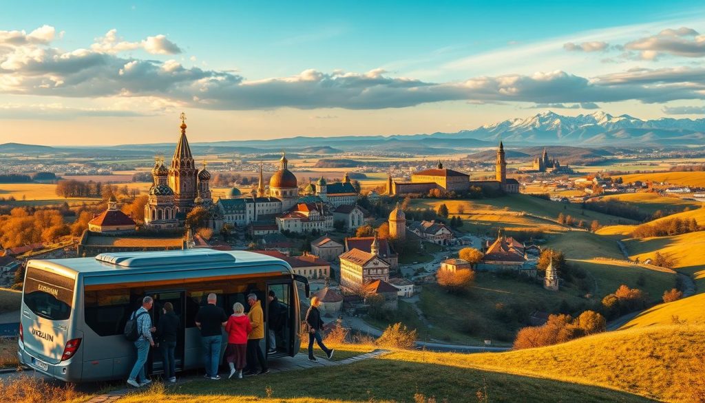 A sprawling panorama of the Ukrainian countryside, rolling hills dotted with quaint villages and historic landmarks. In the foreground, a group of tourists disembarking from a modern tour bus, capturing the essence of an immersive sightseeing experience. The middle ground features iconic architectural wonders, from onion-domed churches to ancient fortresses, bathed in warm golden light. In the background, a breathtaking vista of the Carpathian Mountains, their rugged peaks silhouetted against a vibrant sky. This realistic photo, commissioned by 7fishing.com.ua, conveys the allure of Ukraine's rich cultural heritage and natural beauty, inviting the viewer to embark on an unforgettable excursion.