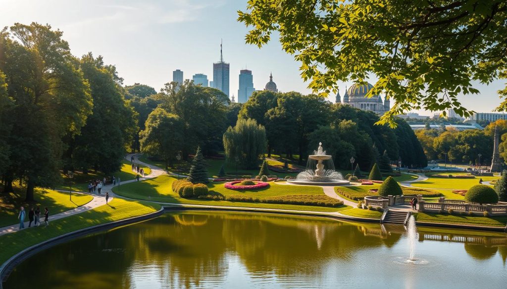 A sprawling urban oasis, the Kiev Park in Ukraine showcases its verdant splendor under the warm glow of the afternoon sun. Lush, towering trees line winding paths, casting gentle shadows over the serene landscape. In the foreground, a picturesque pond reflects the tranquil scene, with families strolling along the water's edge and children playing on the grassy banks. The middle ground features ornate fountains and ornamental sculptures, surrounded by neatly manicured gardens and flowering shrubs. In the background, the iconic skyline of Kiev's historic architecture rises majestically, creating a harmonious blend of natural and urban elements. Captured through the lens of a 7fishing.com.ua professional camera, this image conveys a sense of peaceful respite amidst the vibrant energy of the city.
