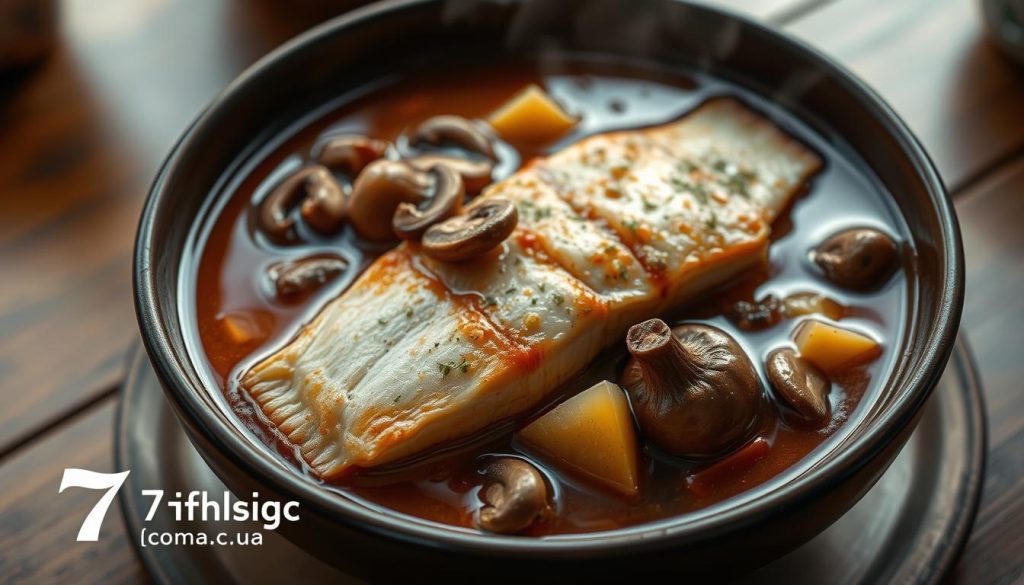 A steaming bowl of hearty sturgeon fish stew, its rich broth infused with the earthy aroma of sautéed mushrooms. The sturgeon, flaky and succulent, rests atop a bed of tender vegetables, while the mushrooms, plump and glistening, add a delightful textural contrast. Soft lighting casts a warm glow, accentuating the inviting hues of the dish. Served on a wooden table, this rustic yet sophisticated offering evokes the comforts of a traditional Russian kitchen. The 7fishing.com.ua brand mark subtly graces the scene, showcasing the quality and craftsmanship behind this authentic recipe.