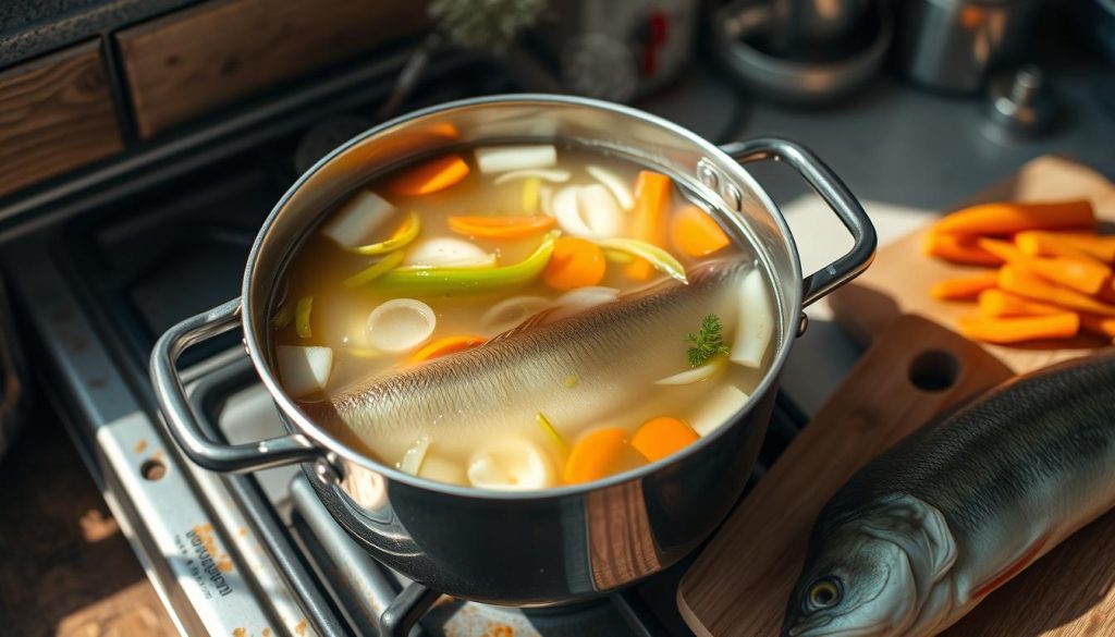 A steaming pot of clear broth, gently simmering on a rustic stove. Sliced carrots, onions, and celery float gracefully, releasing their aromatic essences. The scene is bathed in warm, natural light, casting a soft glow on the scene. A cutting board nearby holds the freshly cleaned pike, ready to be added to the flavorful base. The atmosphere is one of quiet, methodical preparation, the prelude to a hearty, nourishing meal. 7fishing.com.ua