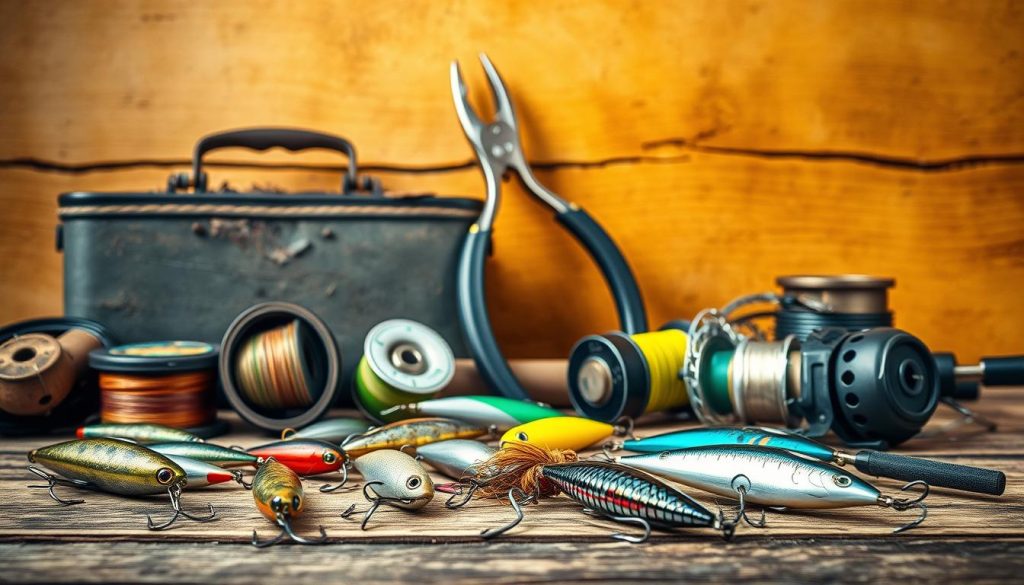 A still life composition showcasing an assortment of fishing accessories against a warm, rustic backdrop. In the foreground, various lures, hooks, and fishing line spools are arranged neatly, their metallic and colorful details catching the soft, diffused lighting. In the middle ground, a well-worn tackle box and a pair of sturdy fishing pliers sit atop a weathered wooden surface, hinting at the expertise and experience of the avid angler. In the background, a textured, earthy wall or surface creates a natural, grounded atmosphere, complementing the outdoor theme. The overall mood is one of tranquility and quiet preparation, capturing the essence of the seasoned fisherman's toolkit and the joys of the sport.
