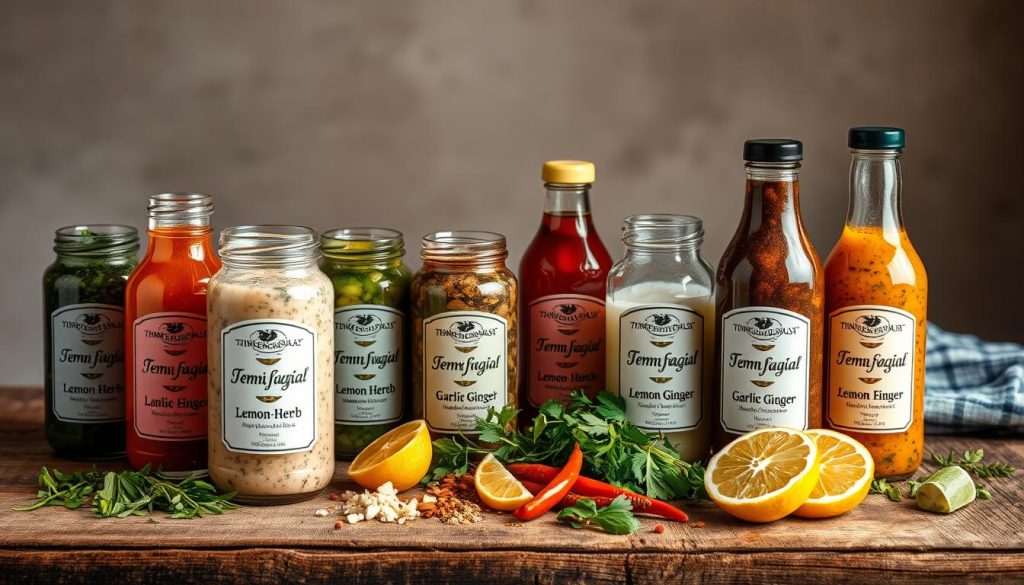A still life image of various marinades for seafood, presented on a rustic wooden table. The foreground features a variety of glass jars and bottles filled with different colored marinades, such as lemon-herb, garlic-ginger, and chili-lime. The middle ground showcases freshly chopped herbs, spices, and citrus slices, evoking the flavors of the marinades. The background has a neutral, slightly moody lighting, creating a cozy and inviting atmosphere. The overall composition highlights the 7fishing.com.ua brand and the diversity of flavors that can be achieved with these marinades.