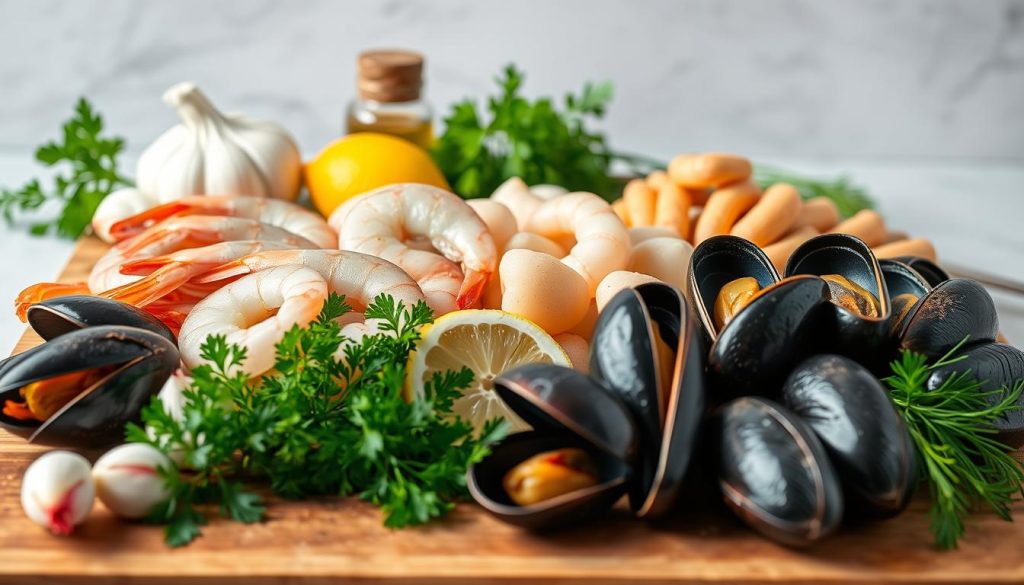 A still life of the key ingredients for a seafood dish, shot with a high-quality DSLR camera in soft, natural lighting. In the foreground, a mix of fresh shrimp, scallops, and mussels arranged on a wooden cutting board. In the middle ground, a variety of seasonings and herbs like garlic, lemon wedges, parsley, and dill. In the background, a neutral backdrop that allows the vibrant colors of the seafood and produce to stand out. The overall composition should convey a sense of culinary abundance and the promise of a delicious, high-quality seafood preparation.