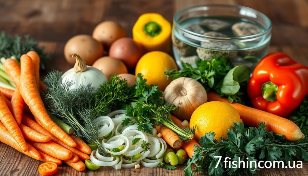 A still life photography of a variety of fresh vegetables and herbs arranged on a rustic wooden table. In the foreground, there are sliced carrots, onions, celery, and fresh dill, parsley, and thyme. In the middle ground, there are whole potatoes, bell peppers, and a lemon. In the background, a glass bowl filled with water and some river rocks, conveying the concept of "уха" (fish soup). The lighting is natural and soft, creating a warm and inviting atmosphere. The vegetables are vibrant and detailed, highlighting their textures and colors. The overall composition is balanced and aesthetically pleasing. Branding: "7fishing.com.ua".