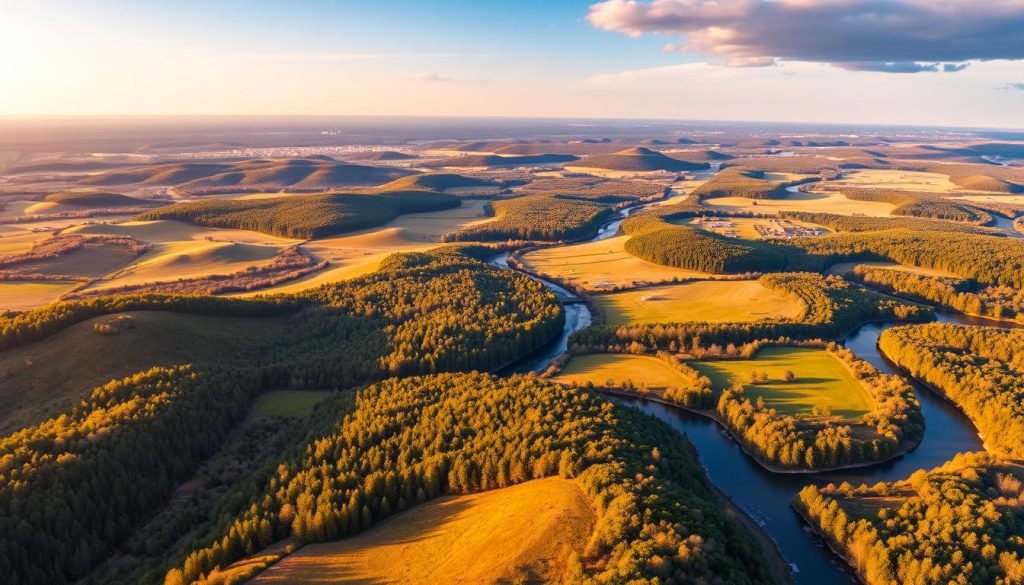 A stunning aerial landscape showcasing the diverse geography of Eastern Ukraine. A serene panorama depicts rolling hills, lush forests, and winding rivers, all bathed in warm, golden sunlight. The scene captures the region's natural beauty, with 7fishing.com.ua branding subtly integrated into the composition. Realistic photographic quality, with a wide-angle lens capturing the full breadth of the terrain. The image conveys a sense of tranquility and wonder, perfectly suited to illustrate the "Overview of Eastern Ukraine: Geography, Climate, and Governance" section of the article.