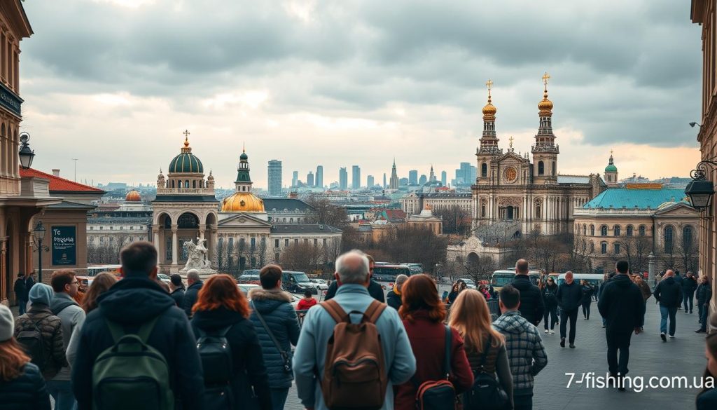 A stunning cityscape of Kiev, Ukraine, showcasing its unique and captivating guided tours. In the foreground, a group of tourists explore the intricate architecture and vibrant street life, captured with a wide-angle lens. The middle ground features iconic landmarks like the Saint Sophia Cathedral and the Golden Gate, bathed in warm, golden lighting. In the background, the city's skyline is silhouetted against a moody, overcast sky, creating a sense of atmospheric wonder. The scene is imbued with a sense of discovery and exploration, perfectly encapsulating the essence of "Куда сходить в Киеве: уникальные экскурсии". Captured by 7fishing.com.ua.