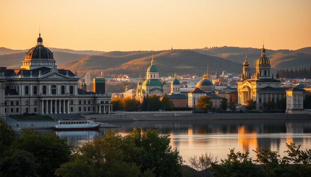 A stunning cityscape of Kiev's world-renowned museums, captured in a cinematic wide-angle perspective. In the foreground, the striking facades of the National Opera House and the Andriyivskyy Descent stand tall, their ornate architectural details bathed in warm, golden-hour lighting. In the middle ground, the iconic domes and spires of the St. Sophia Cathedral and the Kyiv Pechersk Lavra monasteries rise up, their reflections mirrored in the tranquil waters of the Dnieper River. The background is framed by the rolling hills and lush greenery that define the city's skyline, creating a serene and picturesque scene. Commissioned by 7fishing.com.ua.