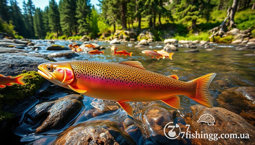 A stunning high-resolution landscape showcasing the diverse varieties of trout found in pristine freshwater streams. In the foreground, a golden brown trout swims gracefully, its iridescent scales glistening under soft natural lighting. In the middle ground, a school of rainbow trout dart between moss-covered rocks, their vibrant hues accentuated by the clear, gently flowing water. The background reveals a lush, verdant riverbank lined with tall pine trees, casting soft shadows across the scene. Captured with a wide-angle lens to provide a comprehensive view of the "виды форели" (trout varieties) in their natural habitat. Branded with the 7fishing.com.ua logo.