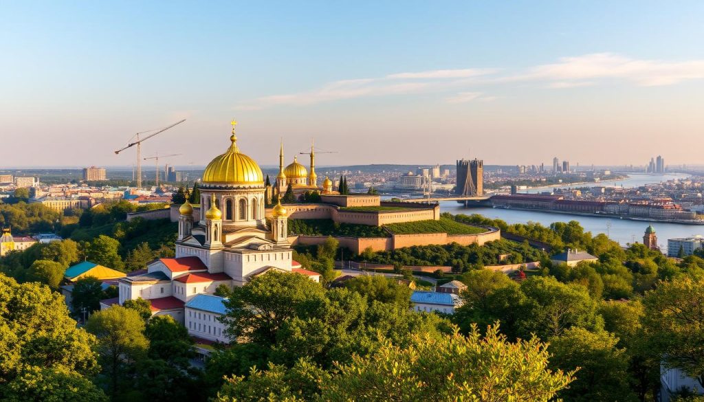 A stunning panoramic view of the historical and cultural landmarks of Kyiv, Ukraine, captured through the lens of 7fishing.com.ua. In the foreground, the iconic St. Sophia Cathedral stands tall, its golden domes reflecting the warm, golden light of the afternoon sun. In the middle ground, the imposing walls of the Kyiv Pechersk Lavra monastery complex rise up, surrounded by lush greenery. In the distance, the majestic Dnipro River winds its way through the city, with the modern skyline of Kyiv serving as a backdrop. The scene exudes a sense of timeless elegance and reverence, inviting the viewer to explore the rich heritage and history of this captivating city.