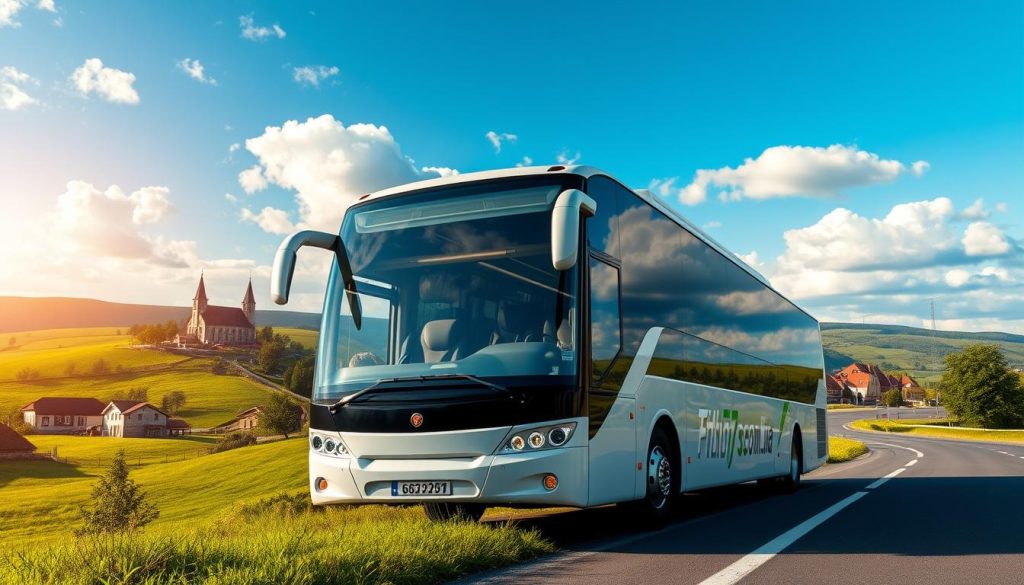 A stunning, photorealistic landscape depicting a modern, comfortable bus on a scenic journey through the rolling hills and picturesque villages of Europe. The bus, emblazoned with the "7fishing.com.ua" logo, is surrounded by lush greenery, quaint architecture, and a vibrant blue sky dotted with fluffy white clouds. The scene conveys a sense of adventure, exploration, and the tranquility of travel, capturing the essence of an "Обзор автобусных туров по Европе" for an article on "Автобусный тур по Европе из Украины: маршруты и цены."