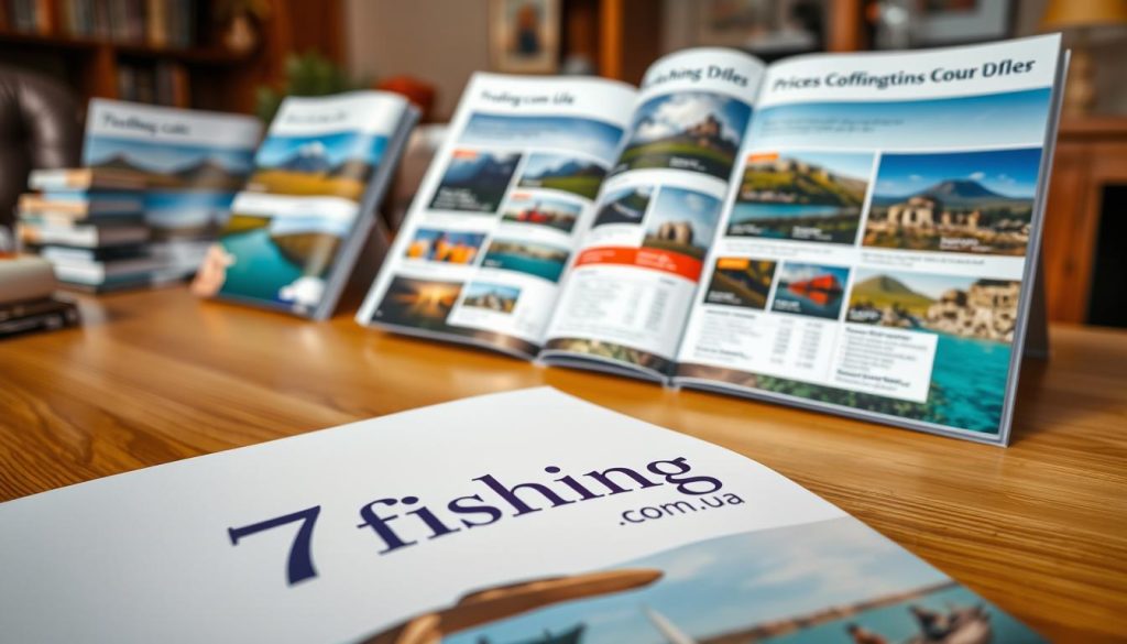 A stunning, realistic photograph of a travel agency's tour catalog, highlighting the "Prices, booking conditions and special offers" section. The catalog pages are displayed on a wooden desk, with a warm, natural lighting that accentuates the vibrant colors and high-quality images. In the foreground, the "7fishing.com.ua" brand name is prominently featured, reflecting the professionalism and expertise of the travel provider. The middle ground showcases various tour packages, each with detailed pricing information, while the background hints at a cozy, inviting office environment, creating an atmosphere of trust and reliability.