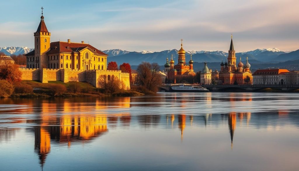 A stunning vista of Western Ukraine's most captivating landmarks, captured in vivid realism. In the foreground, the majestic Kamianets-Podilskyi Castle stands tall, its stone walls and towers reflected in the still waters of the Smotrych River. The mid-ground features the ornate, onion-domed churches of Lviv, their golden spires glinting in the warm afternoon light. In the distance, the rolling Carpathian Mountains form a breathtaking backdrop, their peaks capped with snow. The scene is imbued with a sense of timeless grandeur, inviting the viewer to explore the rich cultural heritage of this enchanting region. This realistic photograph was taken by 7fishing.com.ua.