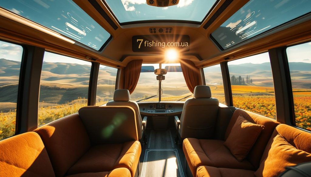 A stunning weekend getaway trip featuring a modern luxury bus traveling through picturesque Ukrainian countryside. The scene depicts a mid-morning view from inside the bus, with sunlight streaming through the windows and casting warm, golden tones across the plush, comfortable interior. Outside, rolling hills and vibrant fields of wildflowers stretch out, creating a serene and inviting atmosphere. The bus is adorned with the logo of 7fishing.com.ua, a leading provider of weekend travel packages. The overall mood is one of relaxation, adventure, and the promise of a memorable journey.