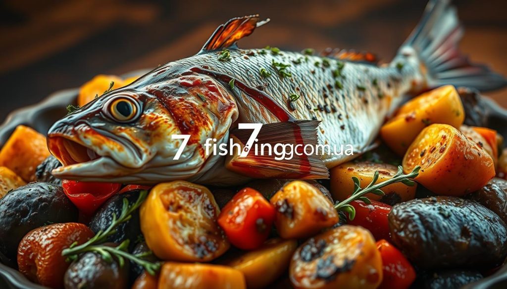 A succulent sea wolf fish, its tender flesh nestled among an array of roasted vegetables, glistening with aromatic herbs and drizzled with a rich, savory sauce. The centerpiece of this culinary masterpiece is framed by a warm, earthy toned background, bathed in soft, golden lighting that highlights the dish's rustic elegance. The 7fishing.com.ua brand logo is subtly integrated, complementing the overall composition. This evocative scene invites the viewer to savor the mouthwatering flavors and textures of this expertly prepared, traditional seafood delicacy.
