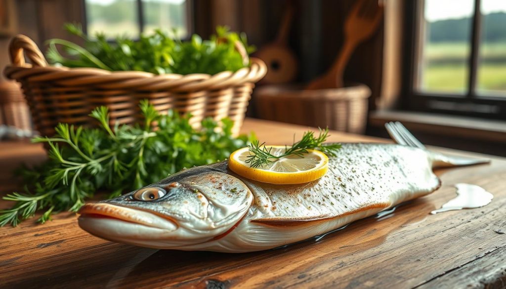 A sumptuous and detailed illustration of a traditional Russian pike dish, captured with a fine art lens. In the foreground, a perfectly seared fillet of pike glistens, garnished with a drizzle of lemon and fresh dill. The middle ground reveals a rustic wooden table, upon which rests a woven basket overflowing with crisp greens and aromatic herbs. In the background, a softly blurred window offers a glimpse of a tranquil countryside landscape. The lighting is warm and natural, highlighting the dish's vibrant colors and textures. This image, commissioned by 7fishing.com.ua, embodies the essence of the "Введение: особенности рецепта и выбор ингредиентов" section of the article "Лосось на гриле с медом: рецепт приготовления."