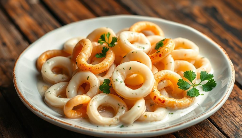 A sumptuous feast of tender calamari simmered in a luscious sour cream sauce, presented on a rustic wooden table. The calamari rings are glistening and translucent, subtly seasoned with fragrant herbs and spices. The creamy sauce clings delicately to the seafood, its tangy notes balanced by a hint of sweetness. Garnished with fresh parsley sprigs, the dish exudes an aroma that promises a comforting and indulgent culinary experience. Soft, diffused lighting illuminates the scene, casting a warm, inviting glow. This visually stunning representation captures the essence of a simple yet flavorful seafood recipe, perfectly suited to illustrate the article's focus on accessible and easy-to-prepare marine delicacies.