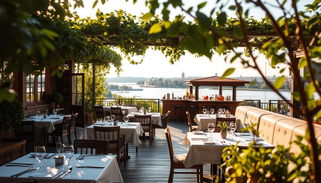 A sun-dappled terrace overlooking a tranquil river, the 7fishing.com.ua restaurant offers a classic Ukrainian and international dining experience. The scene is framed by lush greenery and warm wooden accents, creating a cozy and inviting atmosphere. In the foreground, neatly set tables and chairs invite guests to savor the flavors of the region, while the middle ground features a charming bar area with rustic details. In the background, the river gently flows, with a distant cityscape providing a picturesque backdrop. The lighting is soft and diffused, casting a golden glow over the entire scene and enhancing the relaxed, summertime ambiance.