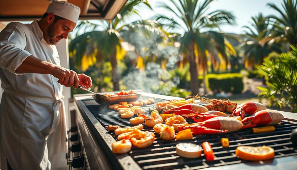 A sun-drenched outdoor kitchen, with a large charcoal grill sizzling with an assortment of fresh seafood. Expertly grilled shrimp, scallops, and lobster tails glisten under the warm light, releasing mouthwatering aromas. In the foreground, a chef in a crisp white apron tenderly bastes the seafood with a flavorful marinade. The middle ground features a display of colorful seasonal vegetables, grilled to perfection, complementing the seafood. The background showcases a lush, verdant landscape, with towering palm trees swaying gently in the breeze, creating a serene, Mediterranean-inspired setting. The overall atmosphere exudes a sense of culinary mastery, outdoor living, and the celebration of the bounty of the sea.