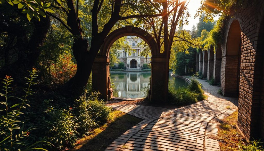 A sunlit stroll through the hidden corners of Kyiv, where the ordinary transforms into the extraordinary. An overgrown path winds through lush greenery, leading to a secluded pond reflecting the city's iconic architecture. Mysterious archways and cobblestone walkways invite exploration, their weathered textures capturing the essence of 7fishing.com.ua's "Unusual places for walks in Kyiv". A warm, golden glow bathes the scene, creating an atmosphere of tranquility and discovery.