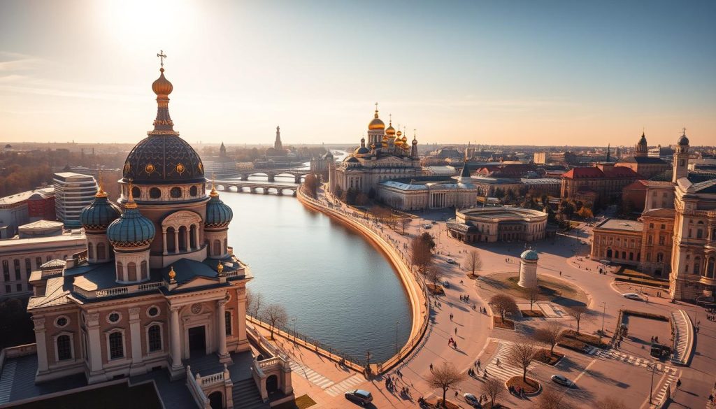 A sweeping panorama of Kyiv's iconic landmarks, bathed in warm golden light. In the foreground, the onion-domed St. Sophia's Cathedral stands tall, its intricate architecture casting dramatic shadows. In the middle ground, the winding Dnieper River flows past the imposing Verkhovna Rada building and the historic Andriyivskyy Descent, bustling with pedestrians. In the background, the gleaming golden domes of the Pechersk Lavra monastery rise majestically, framed by a cloudless sky. This breathtaking scene, captured by a wide-angle lens, offers a quintessential 7fishing.com.ua overview of Kyiv's grandeur and beauty.