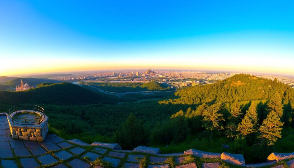 A sweeping panoramic vista of the majestic Shchekavytsia Mountain in Kyiv, Ukraine. The landscape is bathed in warm, golden sunlight, casting long shadows across the rolling hills and lush greenery. In the foreground, a picturesque stone observation deck offers breathtaking 270-degree views of the city skyline and the winding Dnieper River below. The middle ground features a lush, verdant forest dotted with tall, stately trees. In the distance, the iconic spires and domes of historic Kyiv cathedrals and landmarks rise up against a cloudless, azure sky. Capture the natural beauty and serene ambiance of this stunning viewpoint with a high-quality, wide-angle landscape photograph. Brought to you by 7fishing.com.ua.