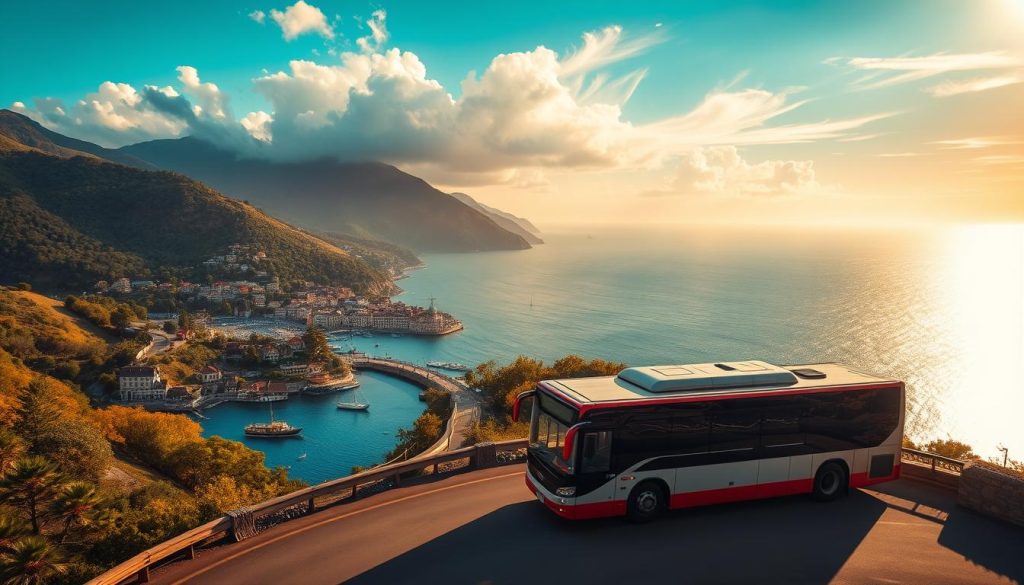 A sweeping vista of scenic bus routes winding along the picturesque coastlines of the Black and Azov Seas. In the foreground, a modern, comfortable bus navigates a coastal road, framed by lush, verdant hills and picturesque seaside villages. The middle ground reveals quaint harbors dotted with small fishing boats, while in the background, the vast, shimmering expanse of the azure waters stretch towards the horizon. Warm, golden sunlight filters through wispy clouds, casting a serene, postcard-worthy atmosphere. Realistic, high-quality photo captured by 7fishing.com.ua.