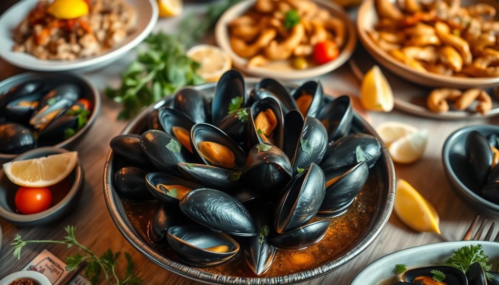 A table set with a variety of delicious seafood dishes, featuring a focal point of steaming mussels in a rich, savory broth. The mussels are surrounded by fresh herbs, lemon wedges, and artfully arranged vegetables, creating a visually appealing and appetizing composition. The lighting is warm and inviting, casting a soft glow over the scene, evoking a cozy, homemade atmosphere. The camera angle is slightly elevated, providing a comprehensive view of the spread, showcasing the vibrant colors and textures of the ingredients. The overall mood is one of simplicity, comfort, and the celebration of the natural flavors of the mussels and accompanying elements.