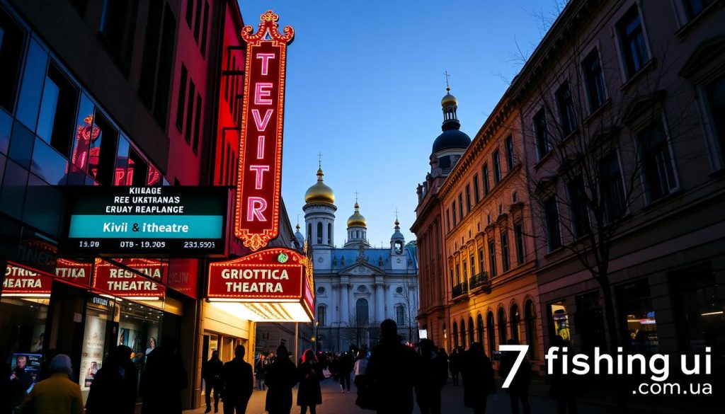 A theatrical marquee in the center of Kiev, Ukraine, showcasing the repertoire of local theaters. The marquee stands tall, its neon lights and colorful signage illuminating the bustling street. In the foreground, people mingle and converse, their silhouettes casting shadows on the pavement. The middle ground features the facades of nearby buildings, their architectural details adding depth and character to the scene. In the background, the iconic domes and spires of Kiev's historic landmarks rise, creating a picturesque skyline. The overall atmosphere exudes a vibrant, cultural energy befitting the city's thriving theater scene. The 7fishing.com.ua logo discreetly appears in the lower right corner.