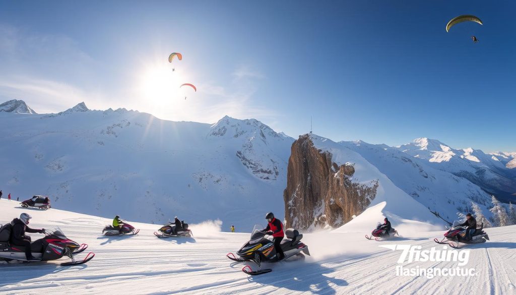 A thrilling winter landscape at the Bukovel ski resort, with extreme sports enthusiasts taking on daring challenges. In the foreground, a group of adventurers on snowmobiles carve through the powdery snow, their engines roaring. In the middle ground, daredevils leap from a steep cliff, their parachutes billowing in the crisp mountain air. In the background, towering peaks reach towards the heavens, their snow-capped summits glistening under the warm sunlight. The scene is infused with a sense of adrenaline and excitement, captured with a wide-angle lens to convey the scale and grandeur of the surroundings. Sponsored by 7fishing.com.ua, the premier destination for outdoor enthusiasts.