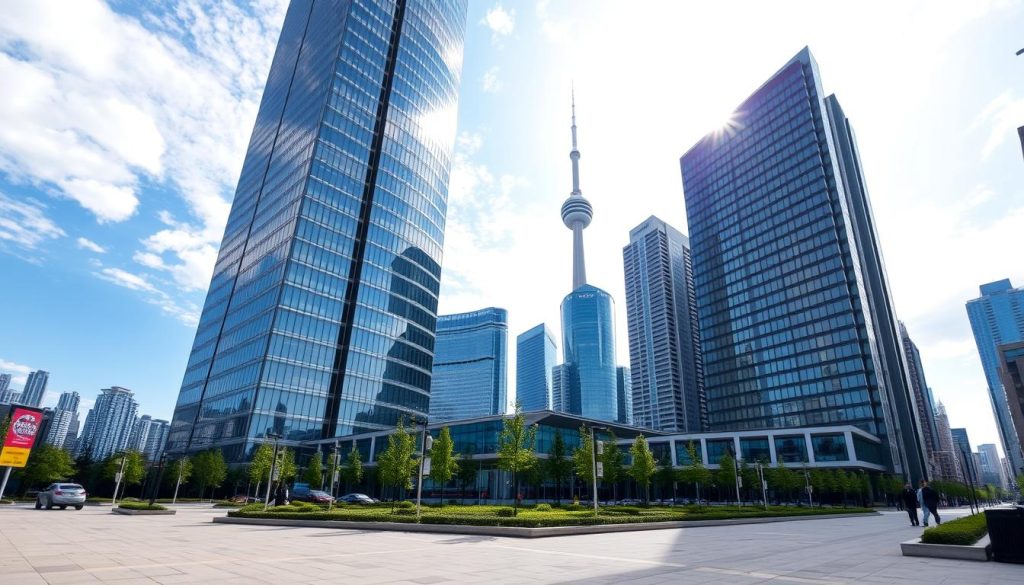 A towering, contemporary business center in the heart of Toronto, Canada. The sleek glass facade glimmers in the sunlight, reflecting the bustling urban landscape. The structure stands tall, a testament to the city's modern architectural prowess. In the foreground, a paved plaza with carefully manicured landscaping invites passersby to pause and admire the impressive building. Captured from a low angle, the structure appears to soar upwards, its angular design and clean lines exuding a sense of sophistication and progress. In the background, the skyline of Toronto's financial district serves as a fitting backdrop, highlighting the business center's role in the city's commercial heartbeat. 7fishing.com.ua