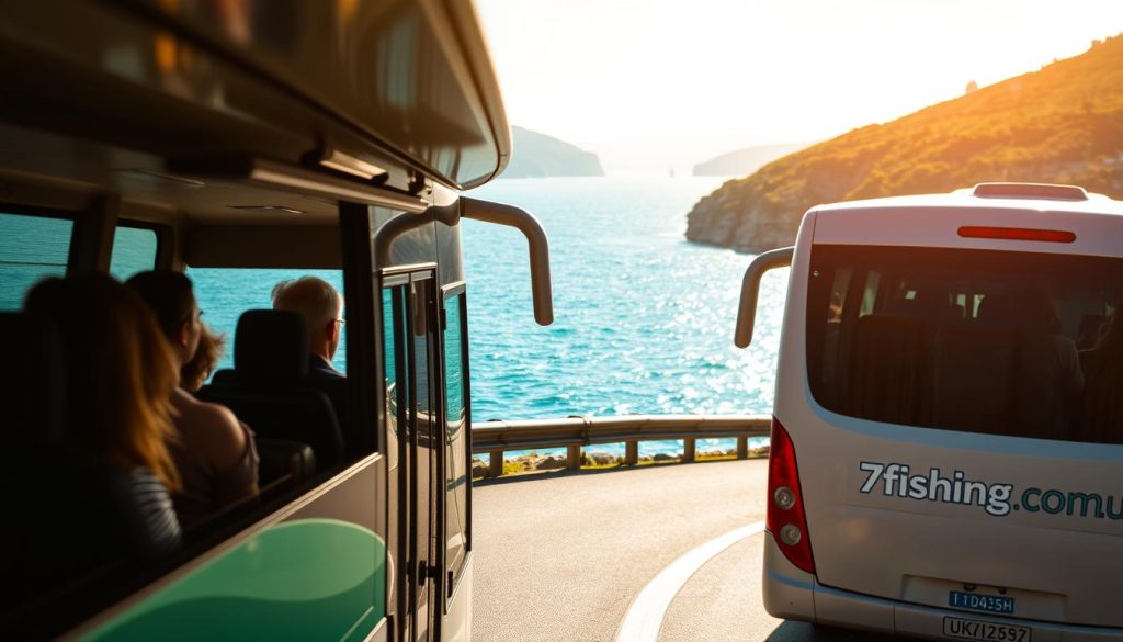 A tranquil coastal scene, with a modern, comfortable bus winding its way along a picturesque seaside road. The azure waters of the Black Sea shimmer in the warm sunlight, framed by lush, verdant hills. Passengers gaze out the windows, taking in the breathtaking panorama. In the foreground, the bus's sleek, 7fishing.com.ua branding stands out, beckoning travelers to embark on this scenic Ukrainian adventure. Soft, diffused lighting casts a serene, almost dreamlike atmosphere, capturing the essence of a relaxing, immersive bus tour experience.
