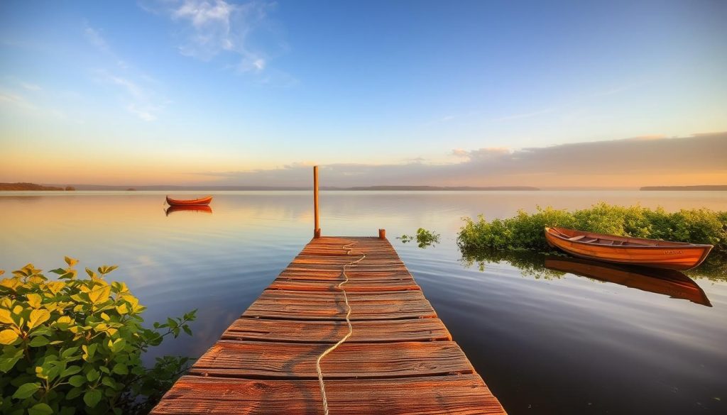 A tranquil lakeside scene set in the golden hour, with a weathered wooden dock extending into the still waters. Vibrant green foliage lines the shore, casting soft shadows on the surface. In the distance, a small wooden boat rests peacefully, hinting at the promise of a successful fishing expedition. The serene atmosphere is heightened by the warm, diffused lighting that envelops the landscape, creating a captivating and inviting environment for the discerning angler to choose their ideal spot for a rewarding day of fishing.