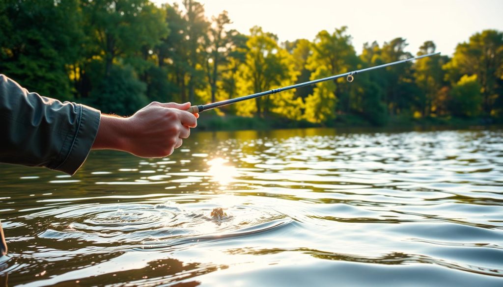 A tranquil lakeside scene, with a fisherman standing knee-deep in the calm waters, intently focused on his angling tactics. The mid-morning sunlight filters through the lush, verdant foliage of the surrounding trees, casting a warm, golden glow over the serene landscape. In the foreground, the fisherman's hands deftly manipulate his fishing rod, their movements precise and experienced, hinting at the well-honed tactics he employs to catch the elusive perch. The water's surface reflects the natural beauty of the scene, creating a sense of harmony and balance. The overall mood is one of quiet contemplation and the pursuit of the perfect catch.