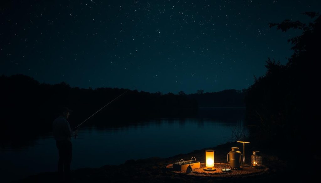 A tranquil night scene by a gently flowing river, with a skilled angler silently casting a line into the inky darkness. The night sky is alive with twinkling stars, casting a soft, ambient glow that illuminates the peaceful riverbanks. In the foreground, the angler's movements are carefully controlled, their eyes scanning the surface of the water for the telltale signs of a lurking catfish. The mid-ground features a tasteful arrangement of fishing gear - rods, tackle boxes, and lamps that emit a warm, inviting light. The background is composed of lush, shadowy vegetation that creates a sense of depth and seclusion, heightening the immersive atmosphere of this nocturnal fishing expedition.